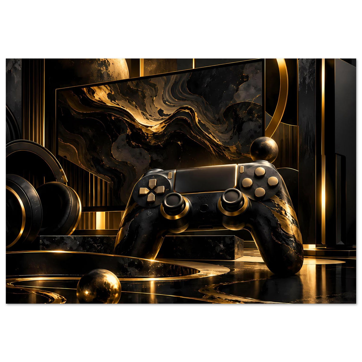 Gamingposter: Gamecontroller in Schwarz & Gold, goldene Ringe und Kugeln vor dunklem Muster