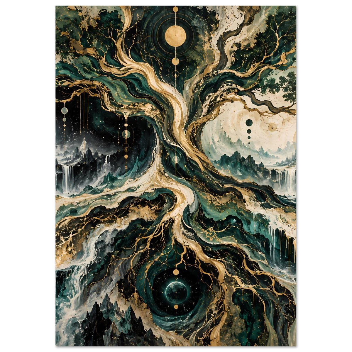 Wandposter mit kosmischem Baum, grünen und goldenen Wurzeln, Mond und Nebelszenen