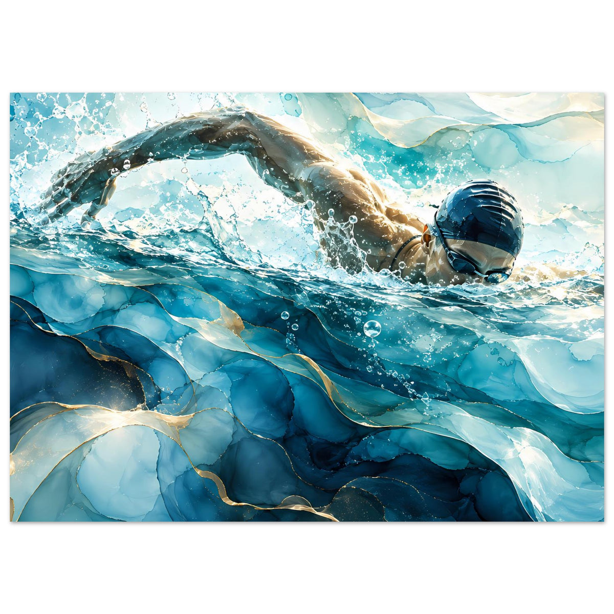 Schwimmer-Poster im Blau, horizontal: Unterwasser-Szene mit Taucher, Wellenkämmen und Sprühwasser