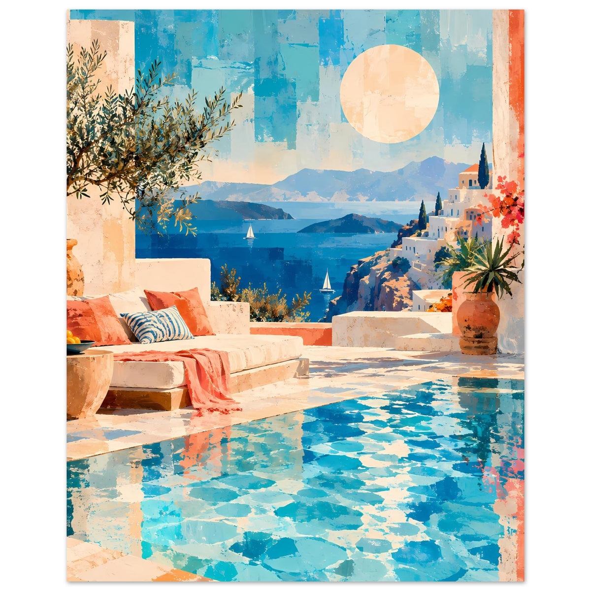 Mediterranes Küsten-Landschaftsposter mit Pool, weißem Balkon und mediterraner Aussicht