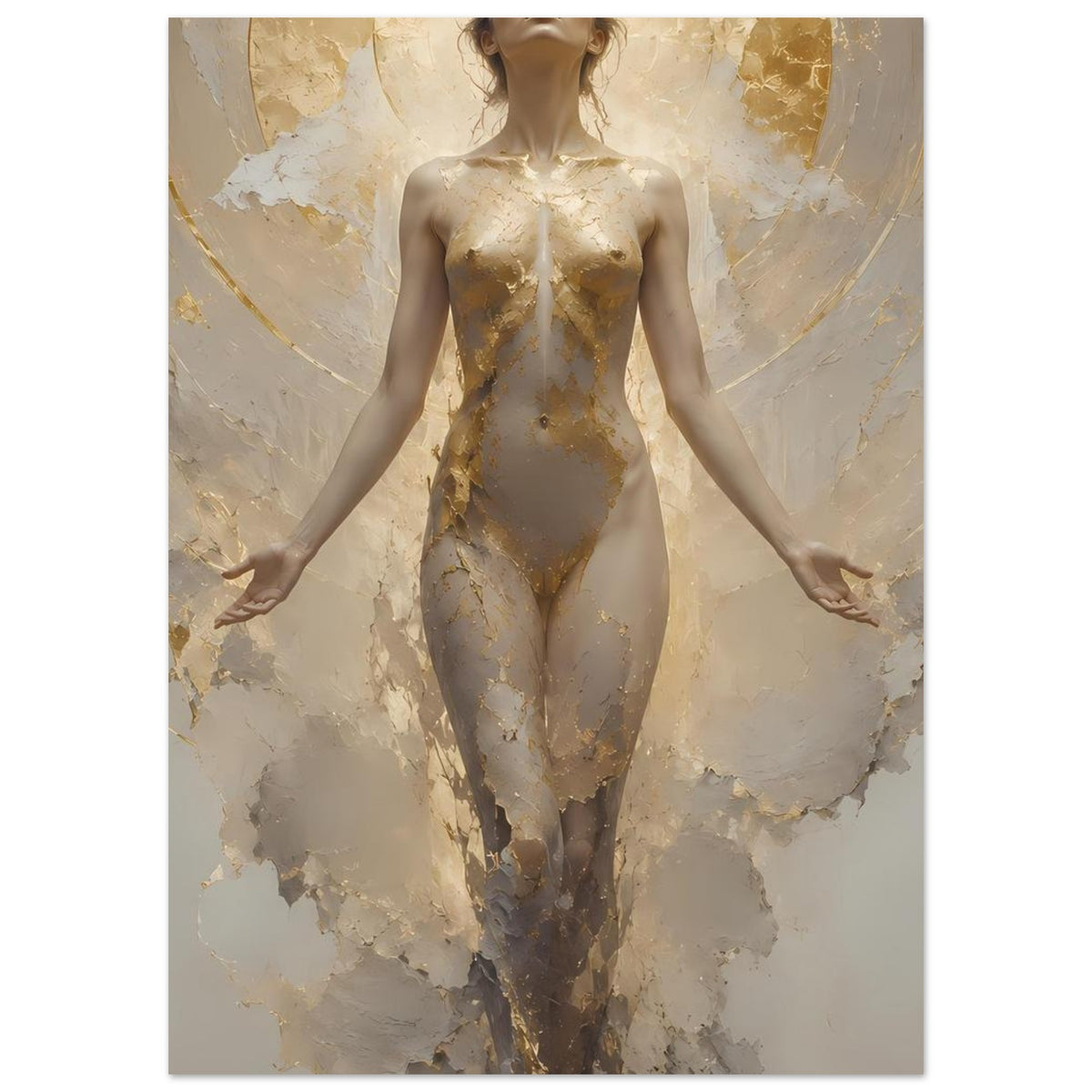 Poster: schwebende Frauenfigur in Creme mit goldenen Akzenten, weite flügelartige Ornamente