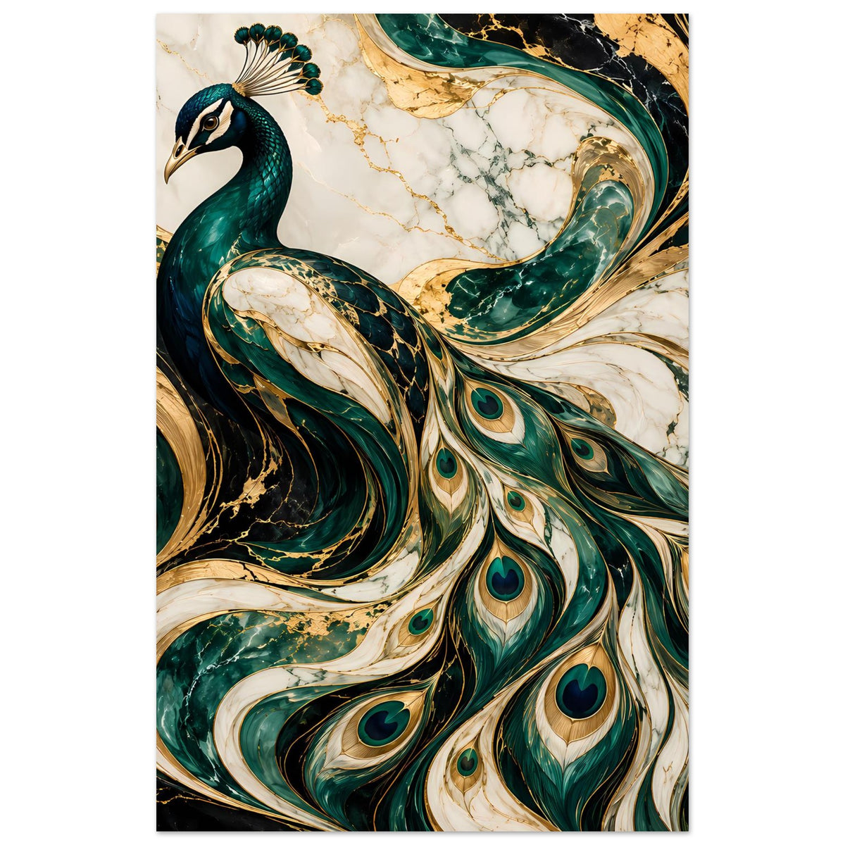Poster mit Pfau-Motiv, Smaragdgrün-Gold, fokussierte linke Seite mit Kopf und Federkranz