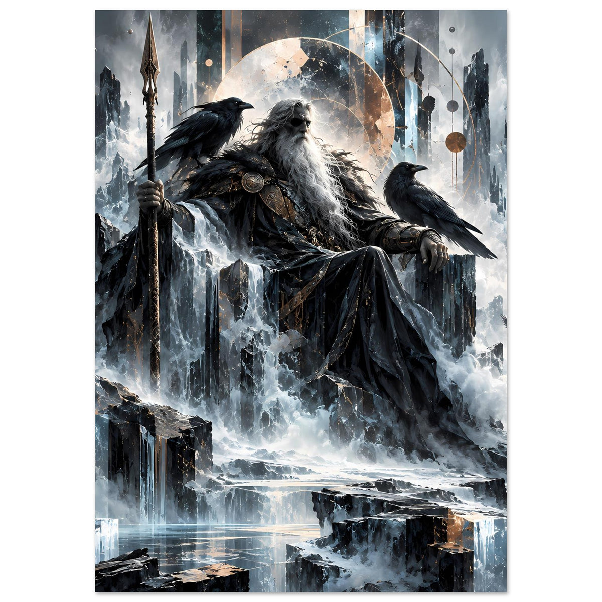 Mythologie-Poster, nordischer Gott sitzt auf dem Thron, zwei schwarze Raben, kreisförmiges Motiv