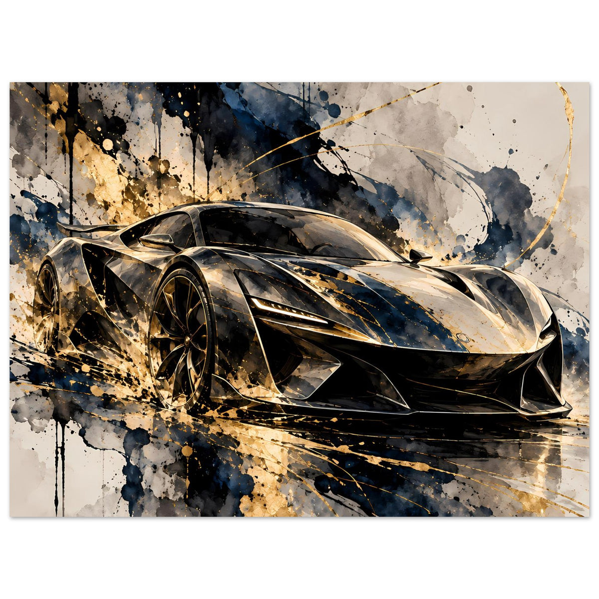 Poster mit Supersportwagen in Schwarz und Gold, abstrakte Spritzer, breiter Bildausschnitt