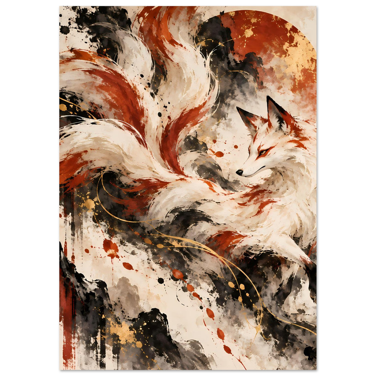 Fantasy-Poster mit ruhendem weißen Fuchs, neun Schweifen, schwarze und rotbraune Spritzer