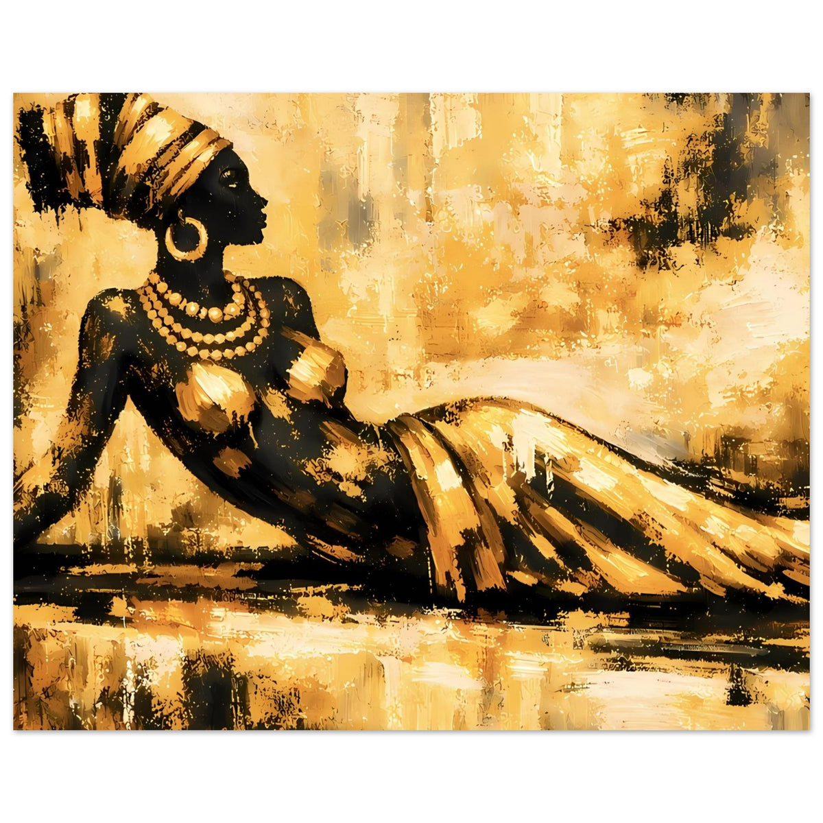 Premium-Poster: Frau in Schwarz-Gold, seitliche Pose mit goldenen Streifen im Gewand