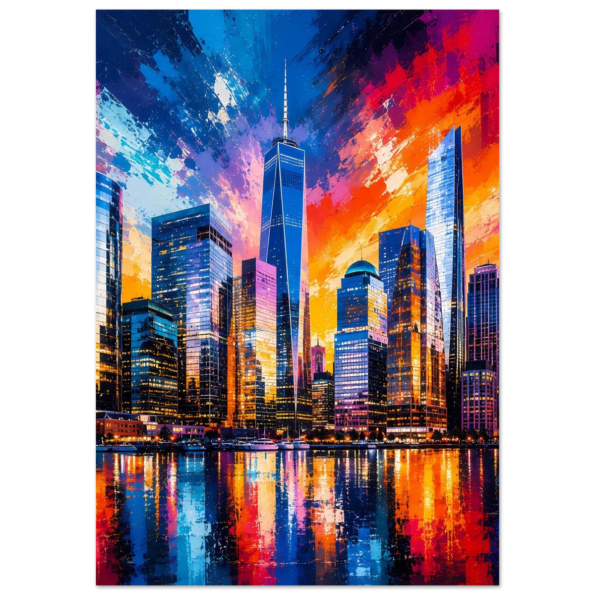 Hochformatiges Stadtposter mit mehrfarbiger Skyline und beleuchteter Wasserfläche im Vordergrund.
