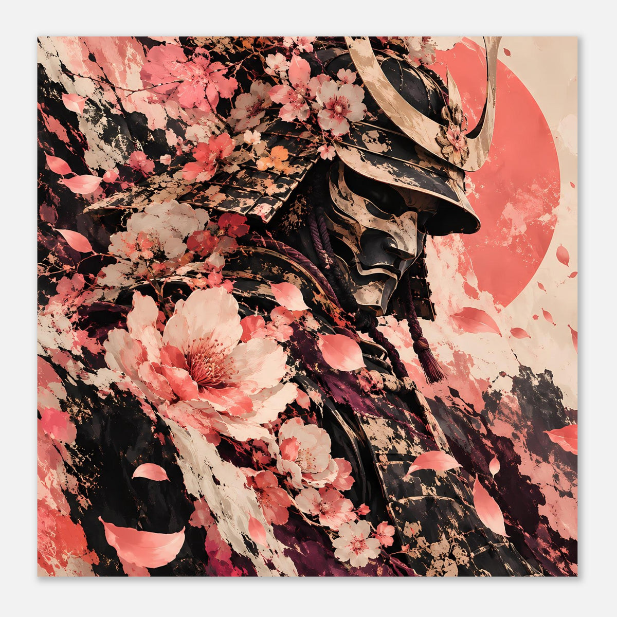 Quadratisches Poster mit Samuraihelm und Kirschblüten, Rosa- und Schwarztöne