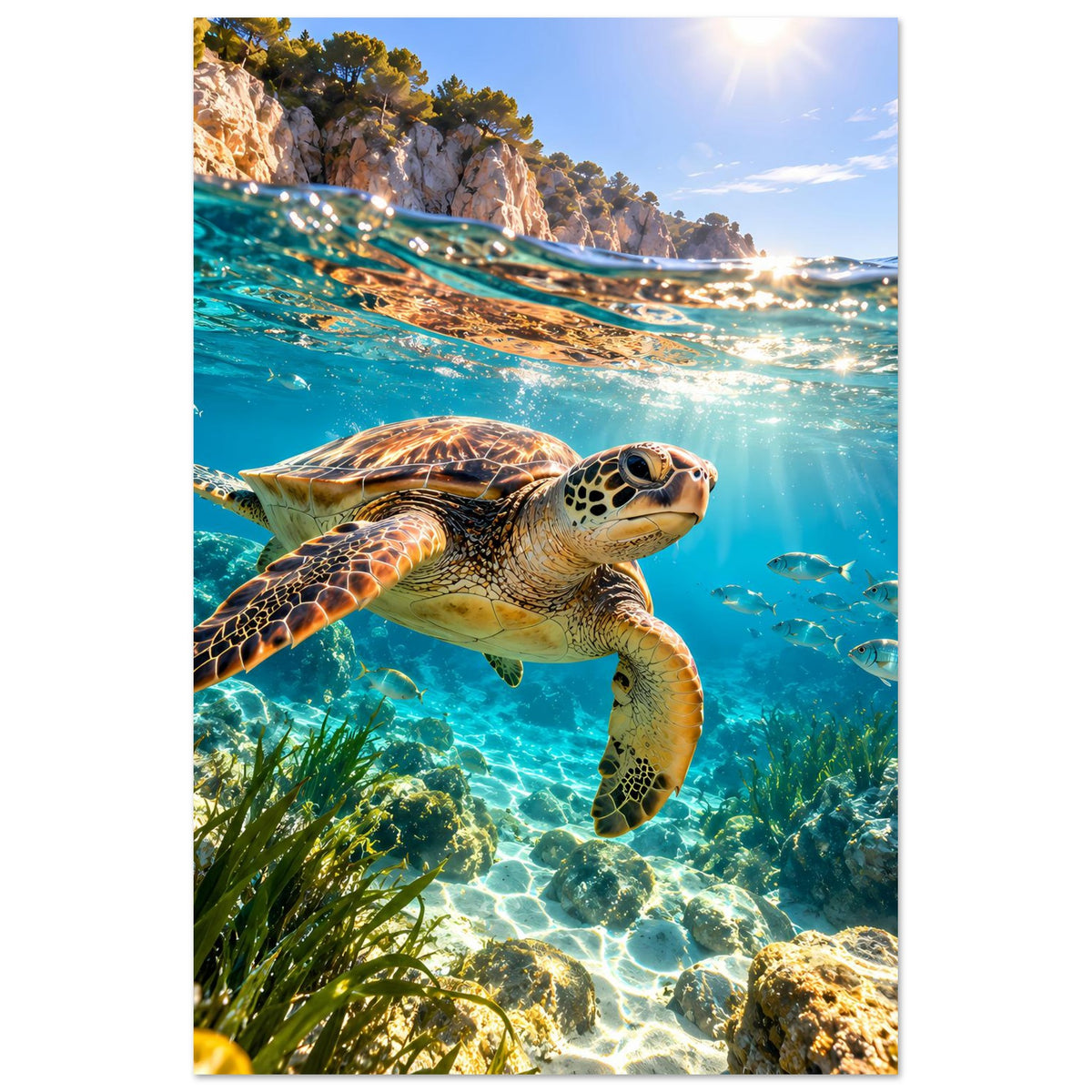 Poster im Hochformat mit Meeresschildkröte im Unterwassermeer, klarer Fokus