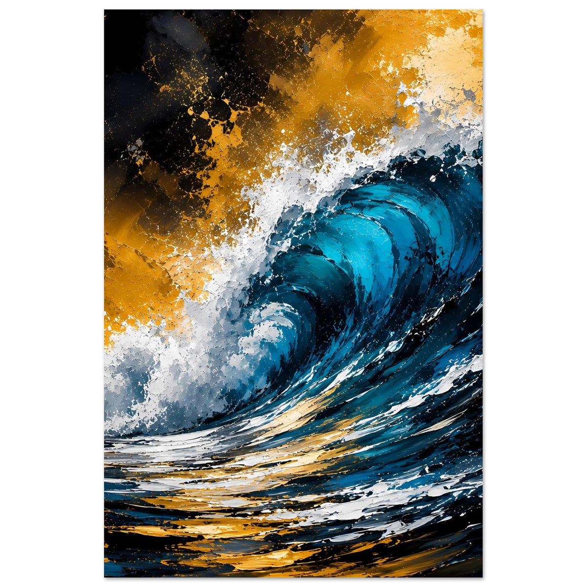 Poster im Hochformat mit abstrakter Ozeanwelle in Blau und Gold, mit weißen Spritzern