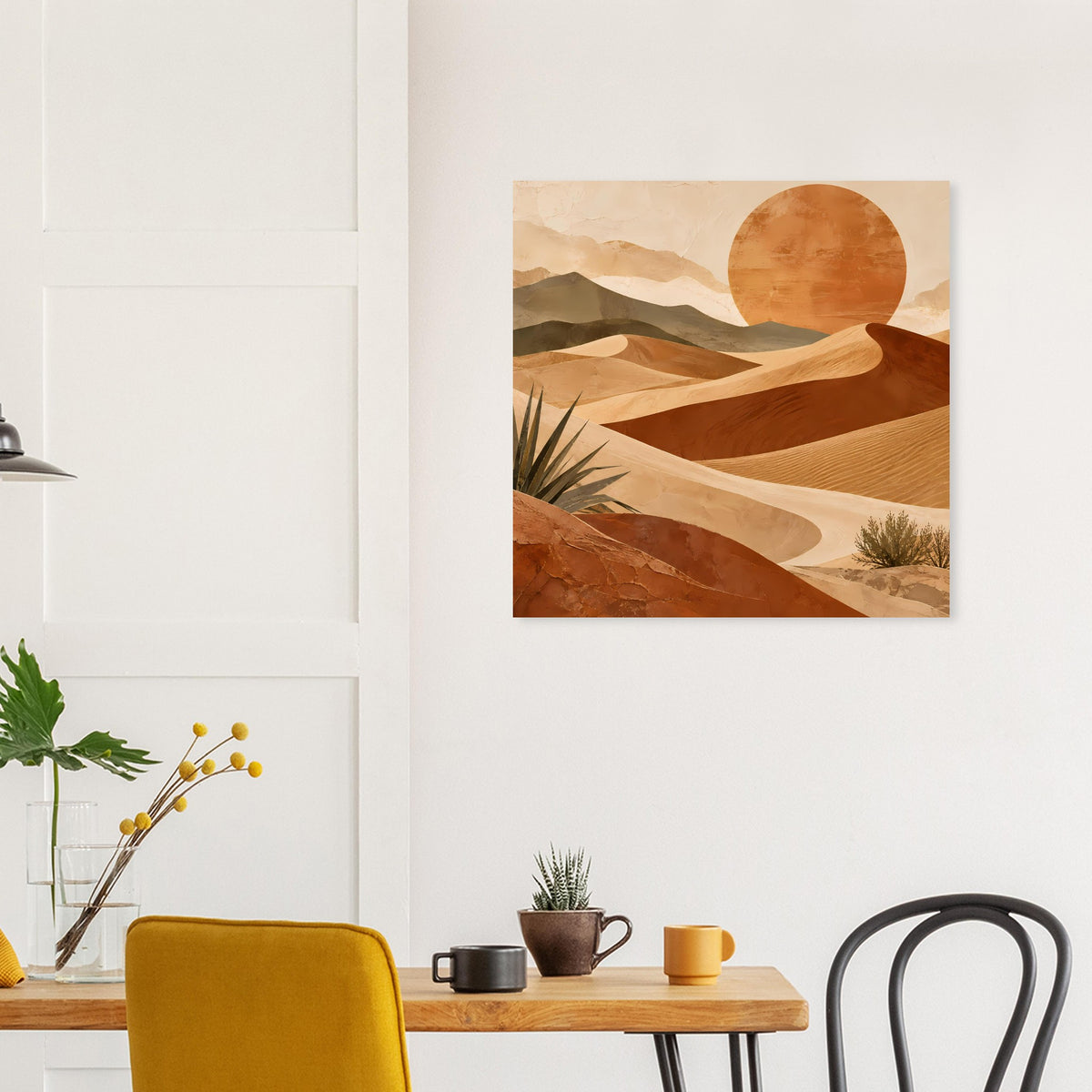 Wüsten-Sonnenuntergang Poster mit orangefarbenem Sonnenkreis, Sanddünen und Kakteen
