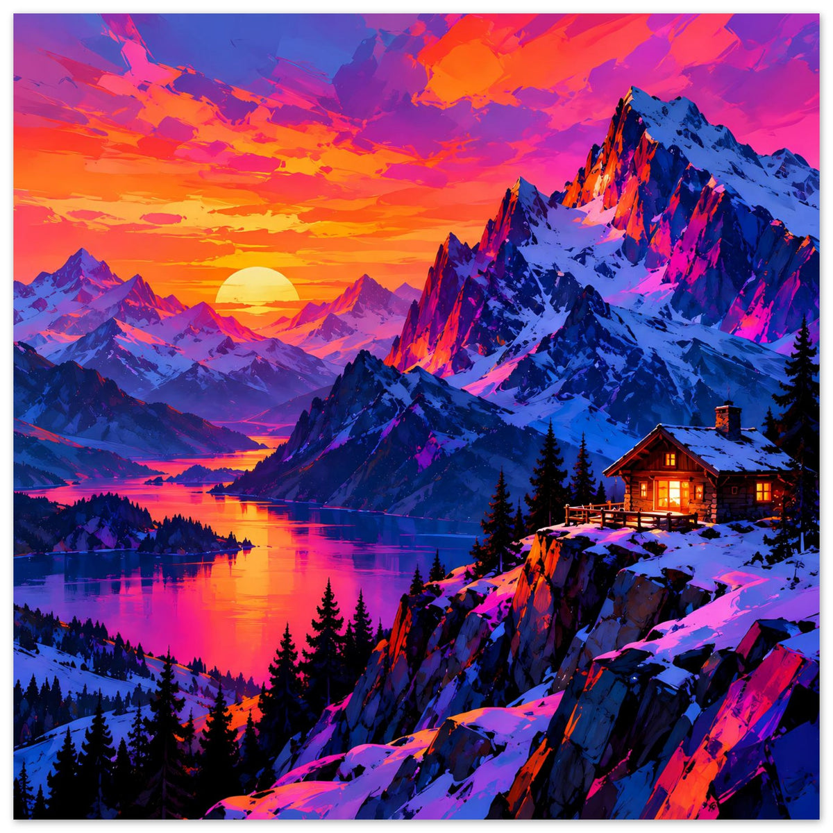 Vertikales Poster mit farbigem Sonnenuntergang, Berglandschaft und warm beleuchtetem Chalet