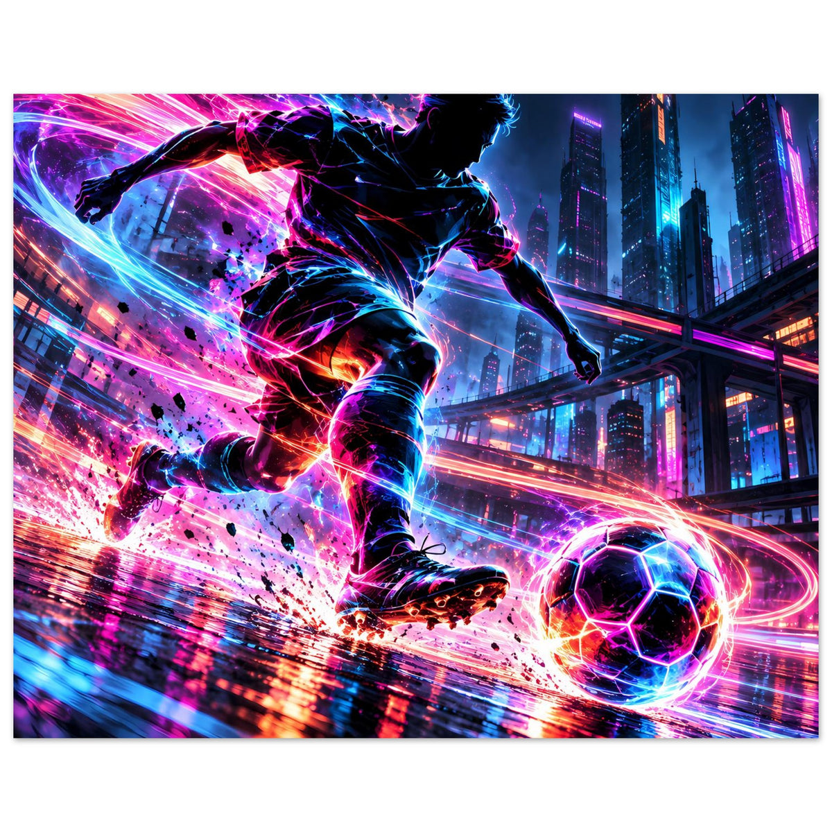 Neon-Fußball-Actionposter: Torwart/Spieler mit Lichtkaskade, neonfarbener Fußball und Speed-Linien