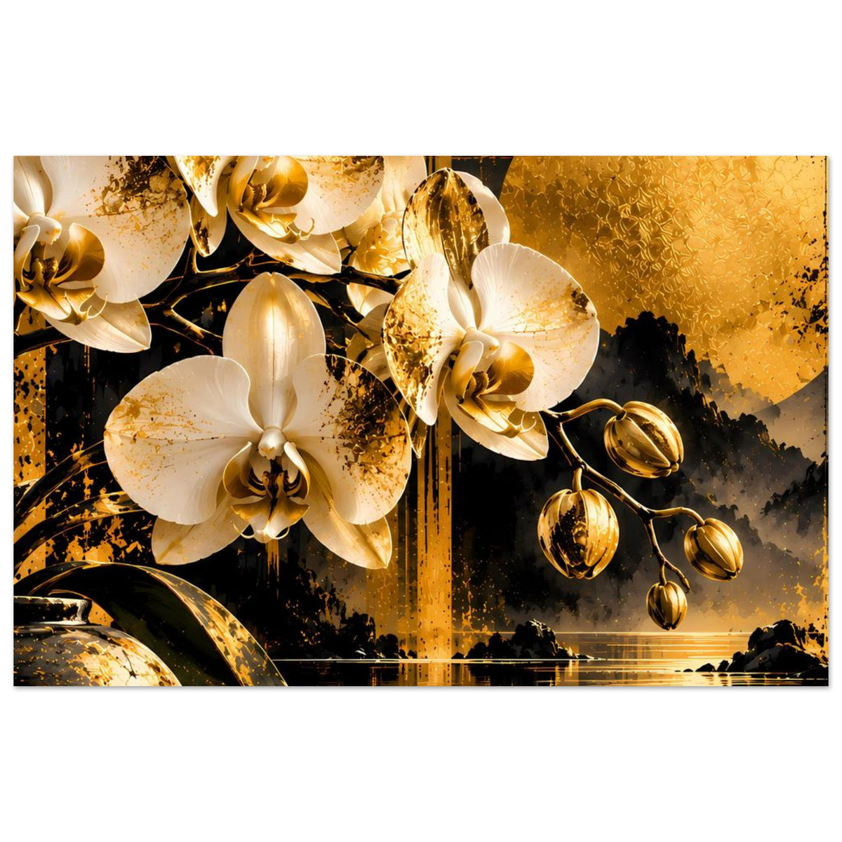 Horizontales Poster mit Orchideen, goldenen Schalen und heller Spiegelung am unteren Rand