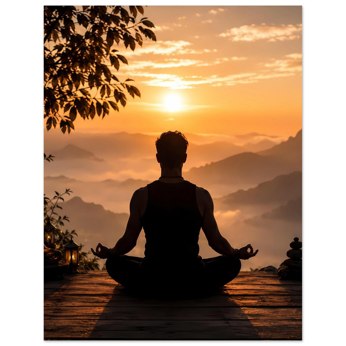 Meditationsposter mit sitzender Rückenansicht im Lotussitz und warmer Sonnenlandschaft