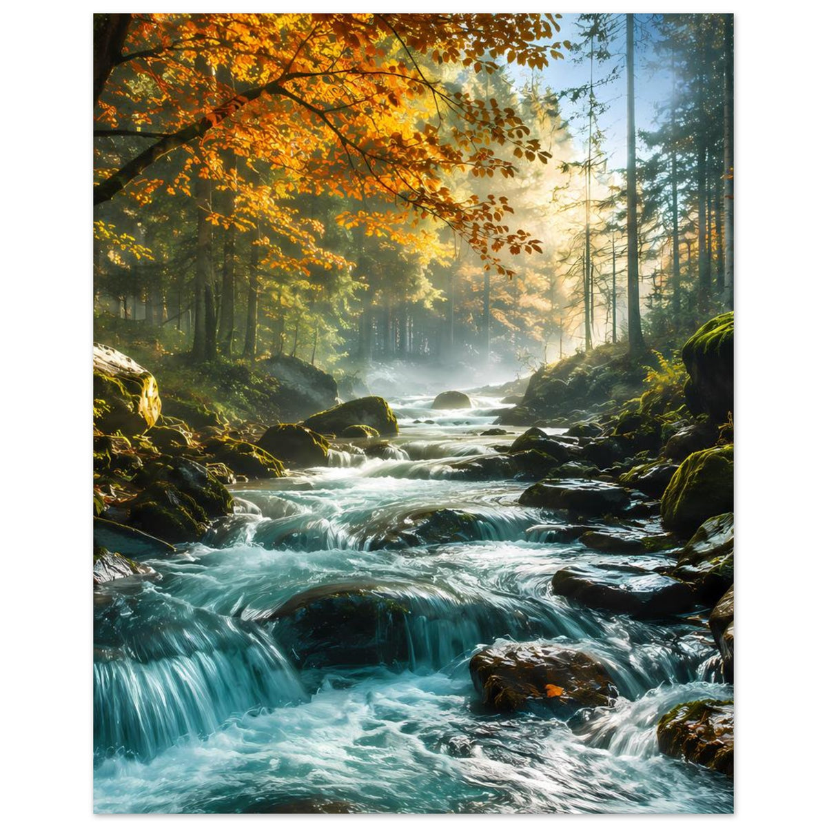 Hochformat-Poster Wasserfall im Wald, goldene Herbstkrone am Ast, türkisfarbenes Flusswasser, matt