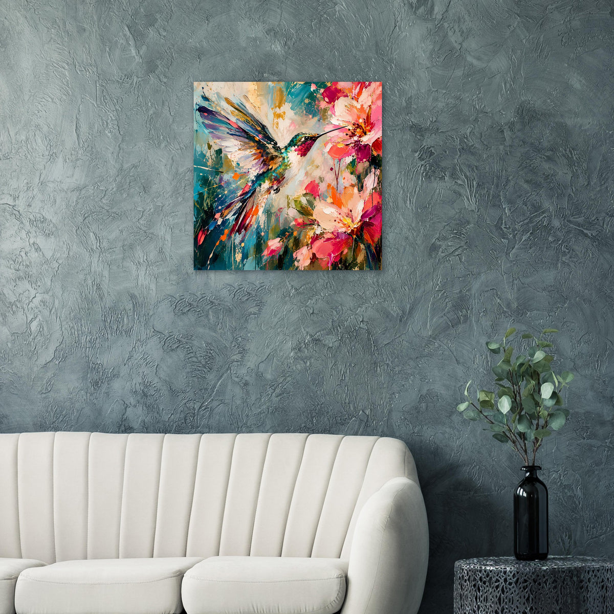 Quadratisches Poster mit Kolibri und Blüten in leuchtenden Farben