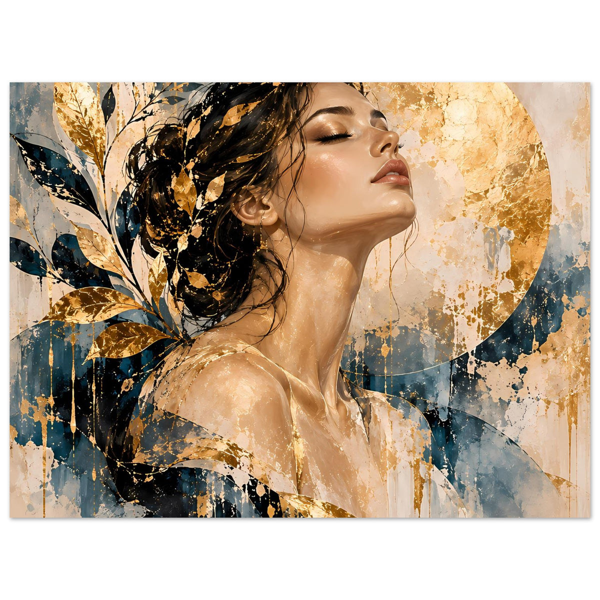 Kunst-Poster, stärker zugeschnitten: Frauenprofil mit goldener Kreissilhouette und Pinselstruktur