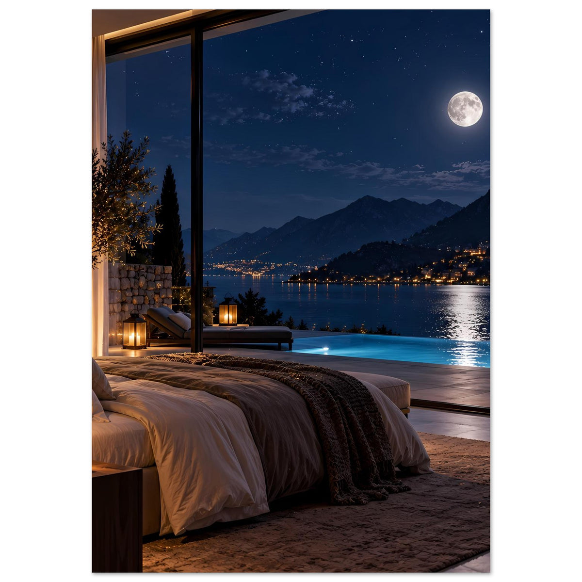 Vertikales Schlafzimmerposter mit Fensterblick auf See, Berge und Mond, Bett im Vordergrund