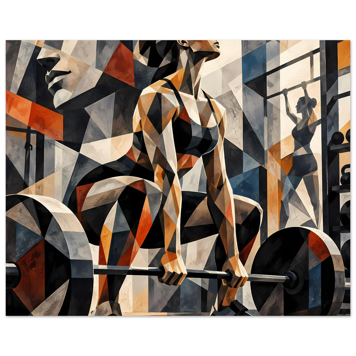 Abstraktes Fitness-Poster mit Langhantel und Sport-Silhouetten, schwarz-weiß-beige Flächen mit Akzenten in Orange.