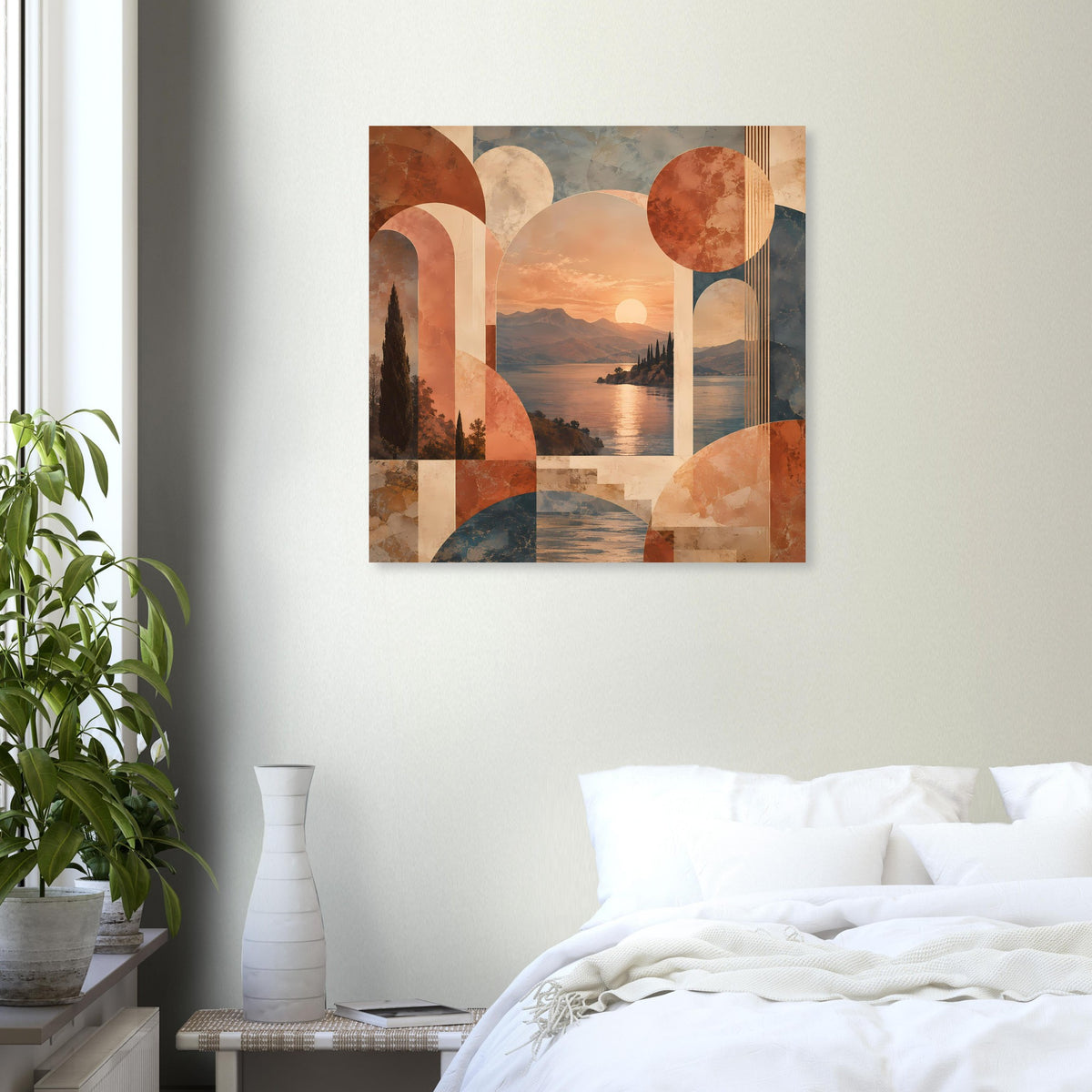 Abstraktes Wandposter mit Sonne im Landschaftsmotiv, warmen Erdtönen, quadratisch