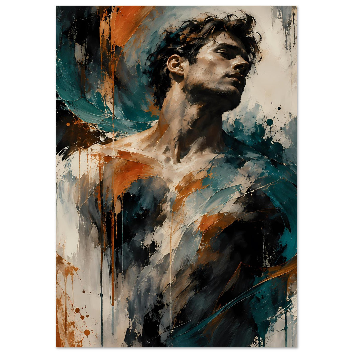Kunstposter mit Porträt im Vordergrund, Oberkörperansicht, Teal und Rostorange, Sprenkel