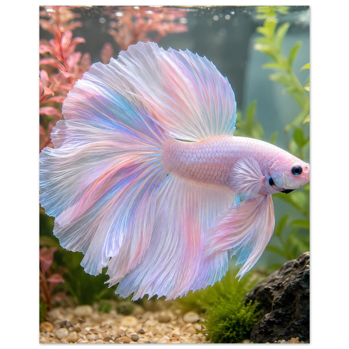 Poster mit Betta-Fisch im Pastell, volle Flossenentfaltung, weiß-rosa-blau, dekoratives Motiv