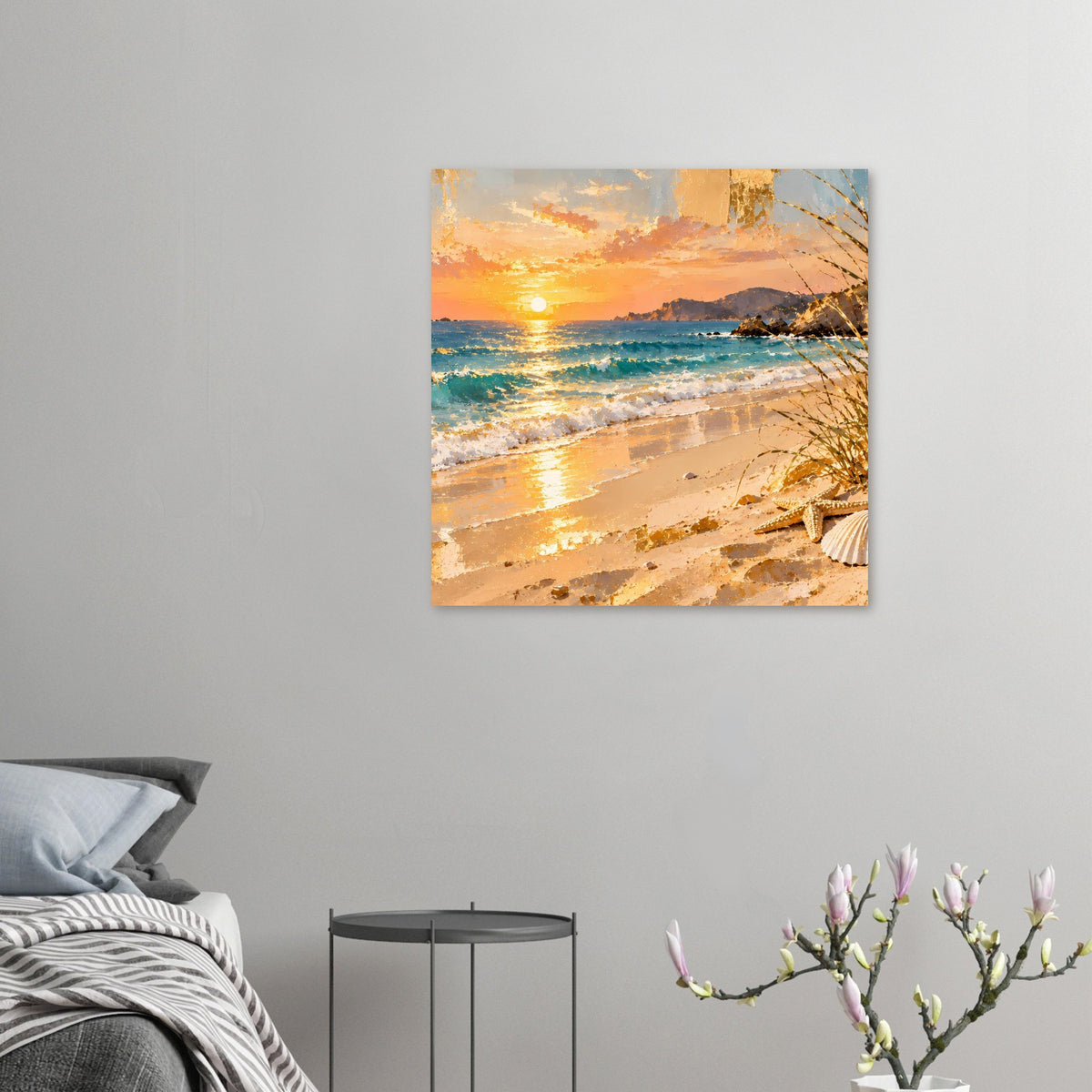 Kleines gerahmtes Poster mit Sonnenuntergang am Strand an der Wand, Meer und Sand