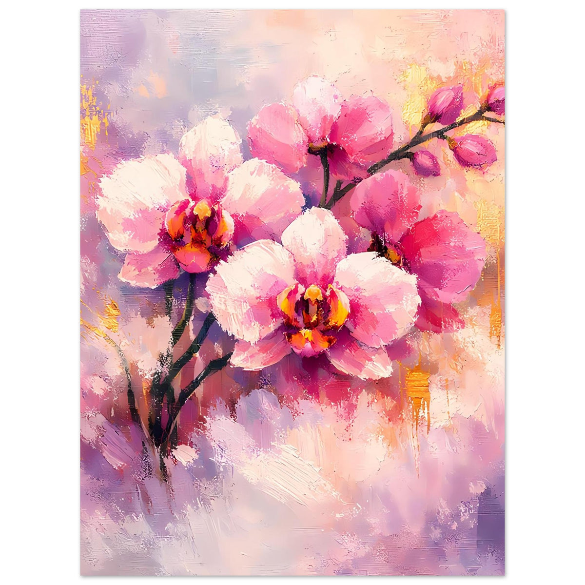 Blumenposter mit rosafarbenen Orchideenblüten, dunklem Ast und goldenen Farbstreifen