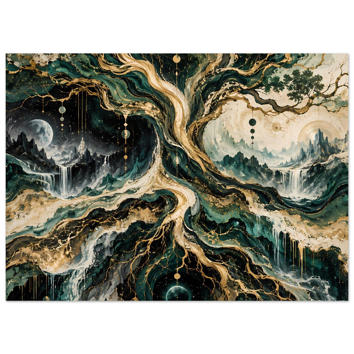 Wandposter im Querformat mit kosmischem Baum, Sternen, Monden und Wasserfällen