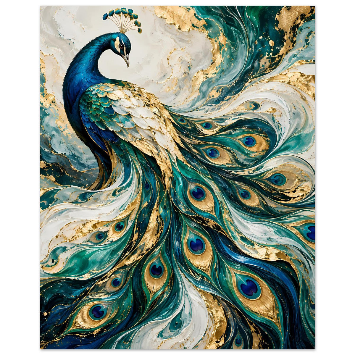 Pfau-Kunstposter, vertikal: stehender Pfau mit türkisblauem Federfächer und goldenen Sprenkeln