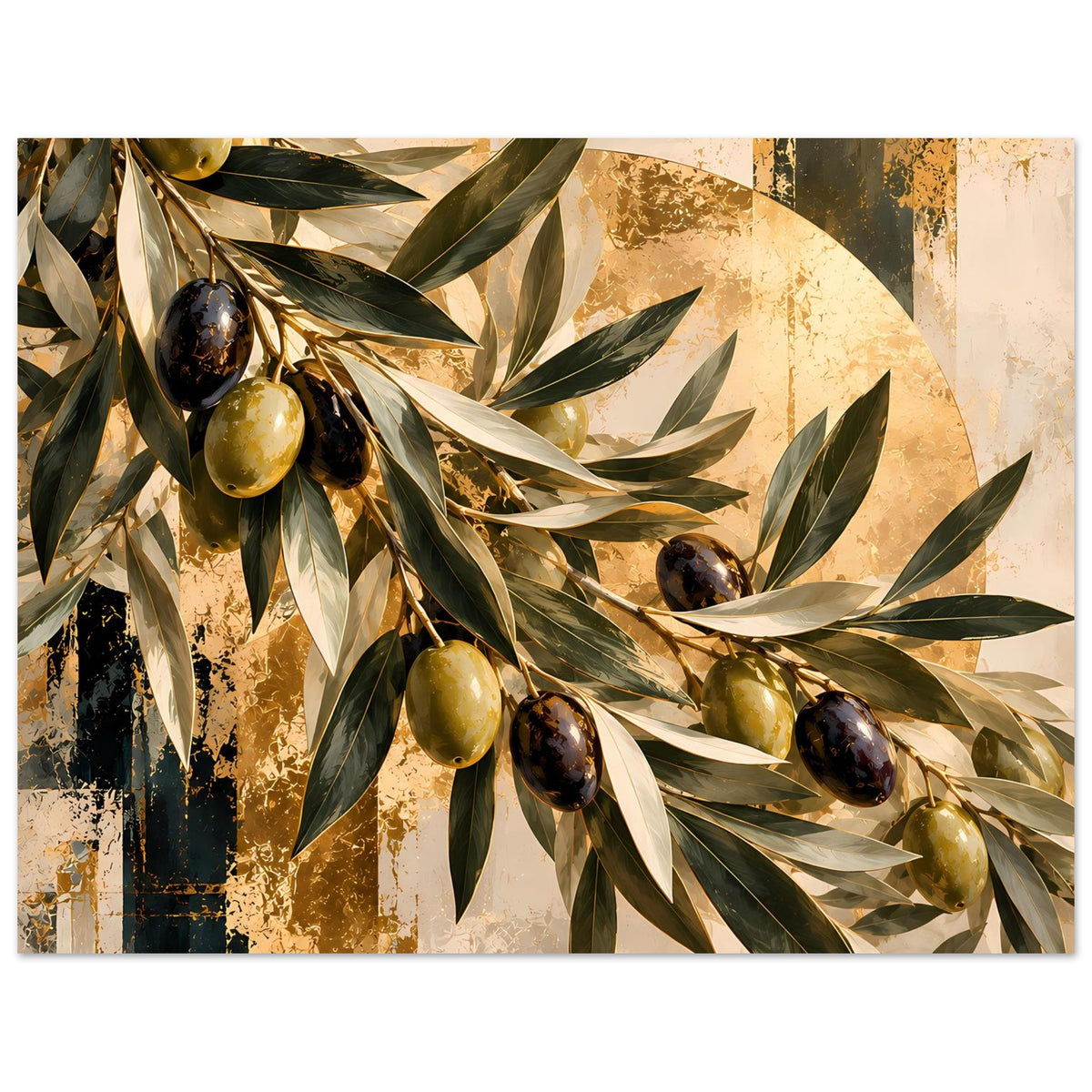 Botanisches Kunstposter mit Olivenzweigen in Grün und Gold, schwarze Oliven entlang des Zweigs