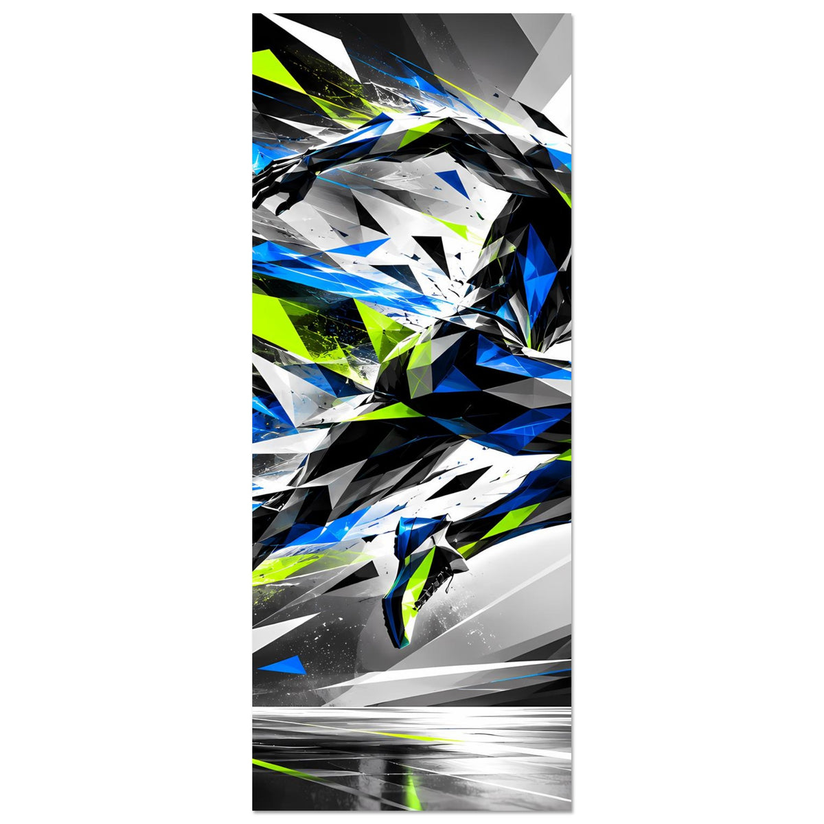 Vertikales Laufkunst-Poster mit geometrischem Läufer in Blau, Schwarz und Neon-Grün und Speed-Linien.