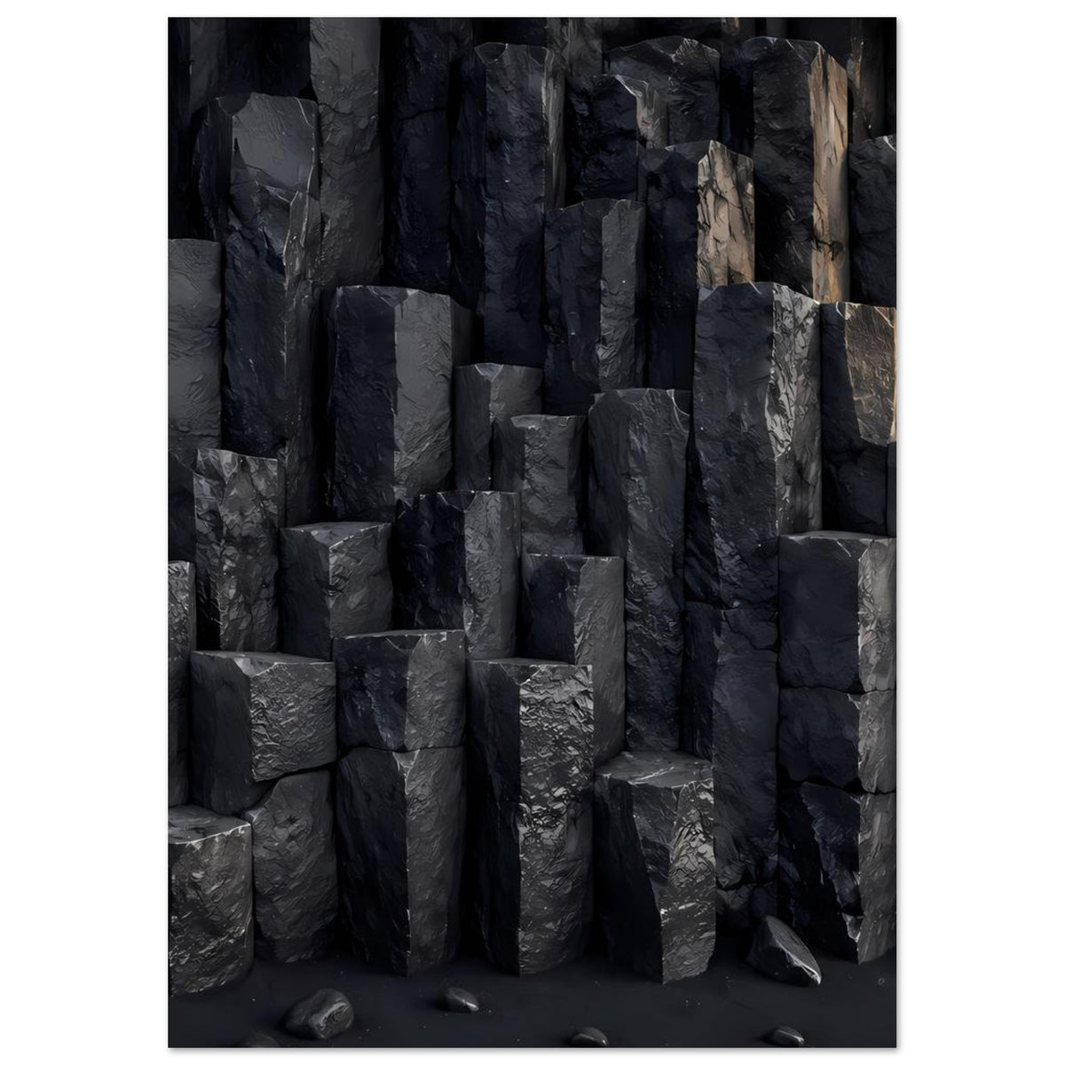 Naturposter mit dunkler Basalt-Felswand aus rechteckigen Säulen, geometrische Struktur