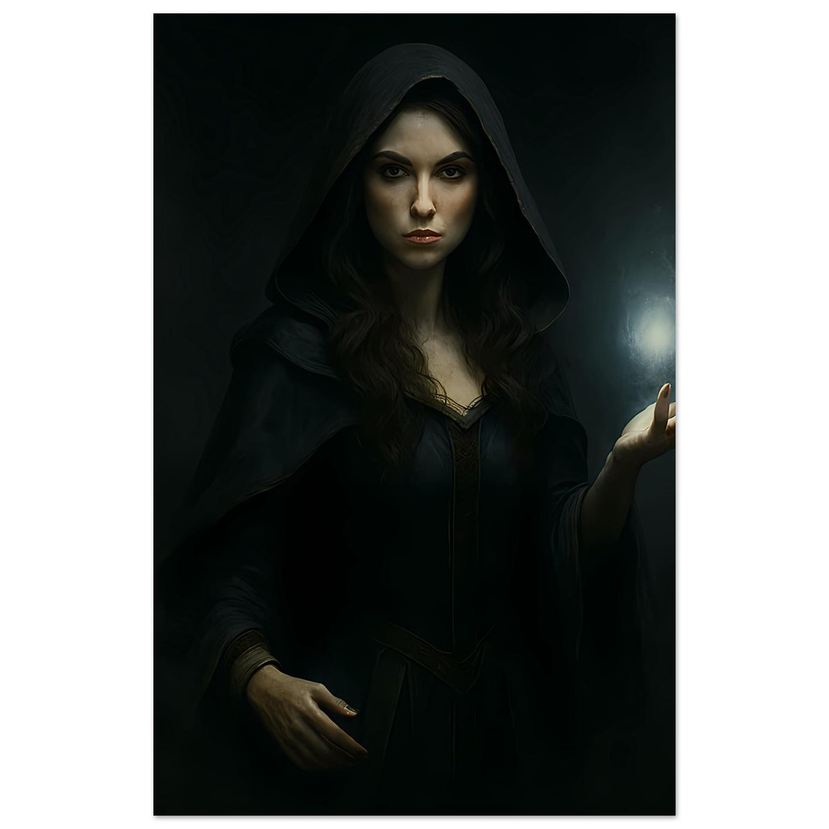 Fantasy-Poster im Hochformat: Zauberin in dunkler Kapuze, geöffnete Hand, leuchtende Kugel im Hintergrund