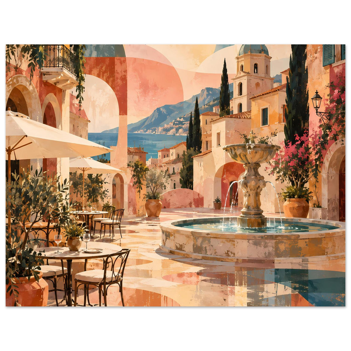 Poster mit mediterraner Altstadt, Brunnen, Bergen und warmen Pastelltönen