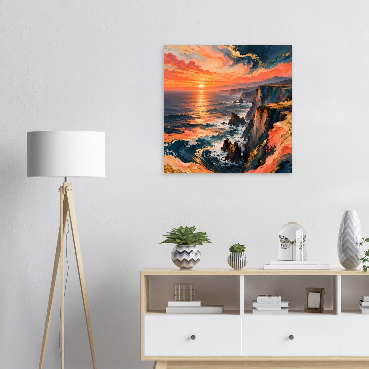 Posterdruck mit Sonnenuntergang an Felsküste und Meer in Orange-, Blau- und Grüntönen