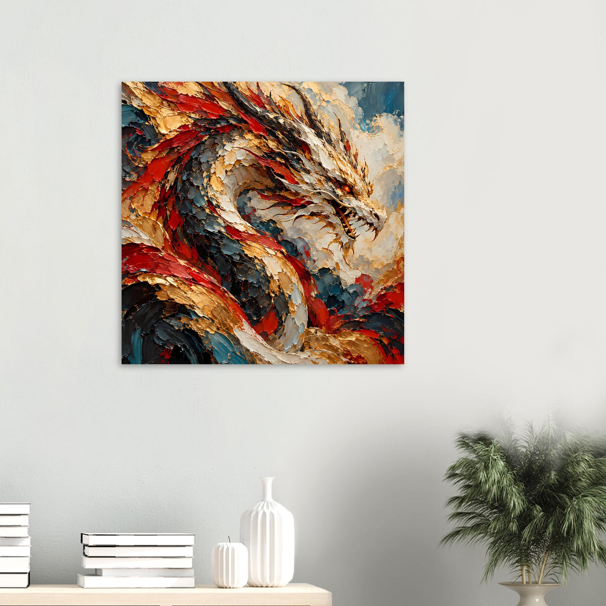 Kleines Drachenposter: Feuerdrache mit Flügeln, Farben Rot, Gold und Dunkelblau im Motiv