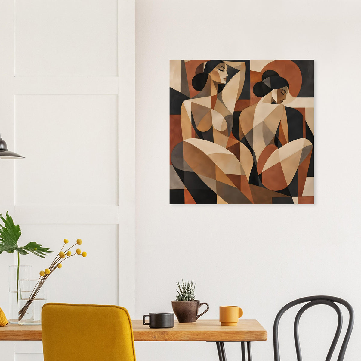 Kunstposter mit abstrakten Frauenfiguren in warmen Braun-, Beige- und Schwarztönen.
