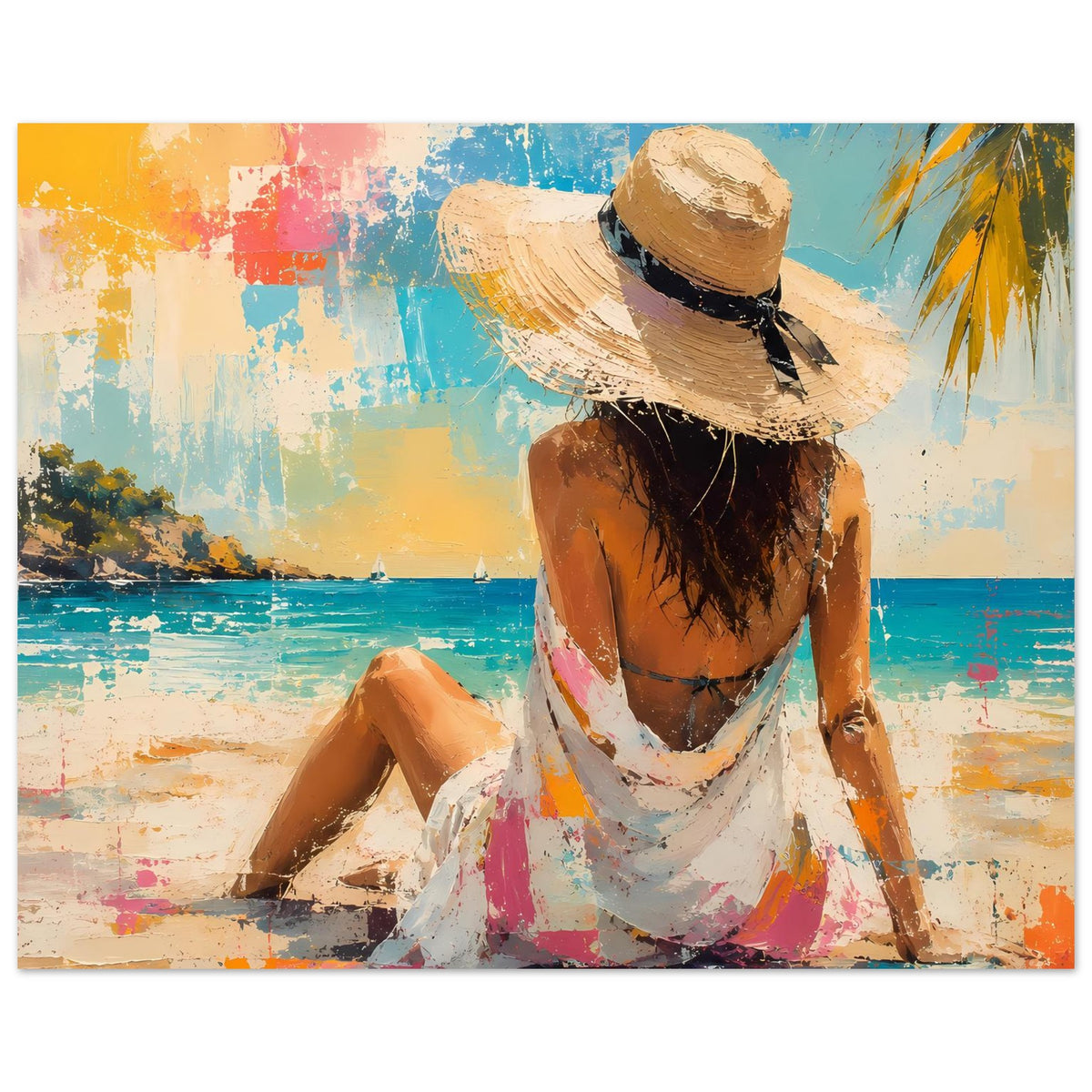 Breites Sommerposter mit Frau im Strohhut, am Strand sitzend, weißes Kleid, abstrakte Farben