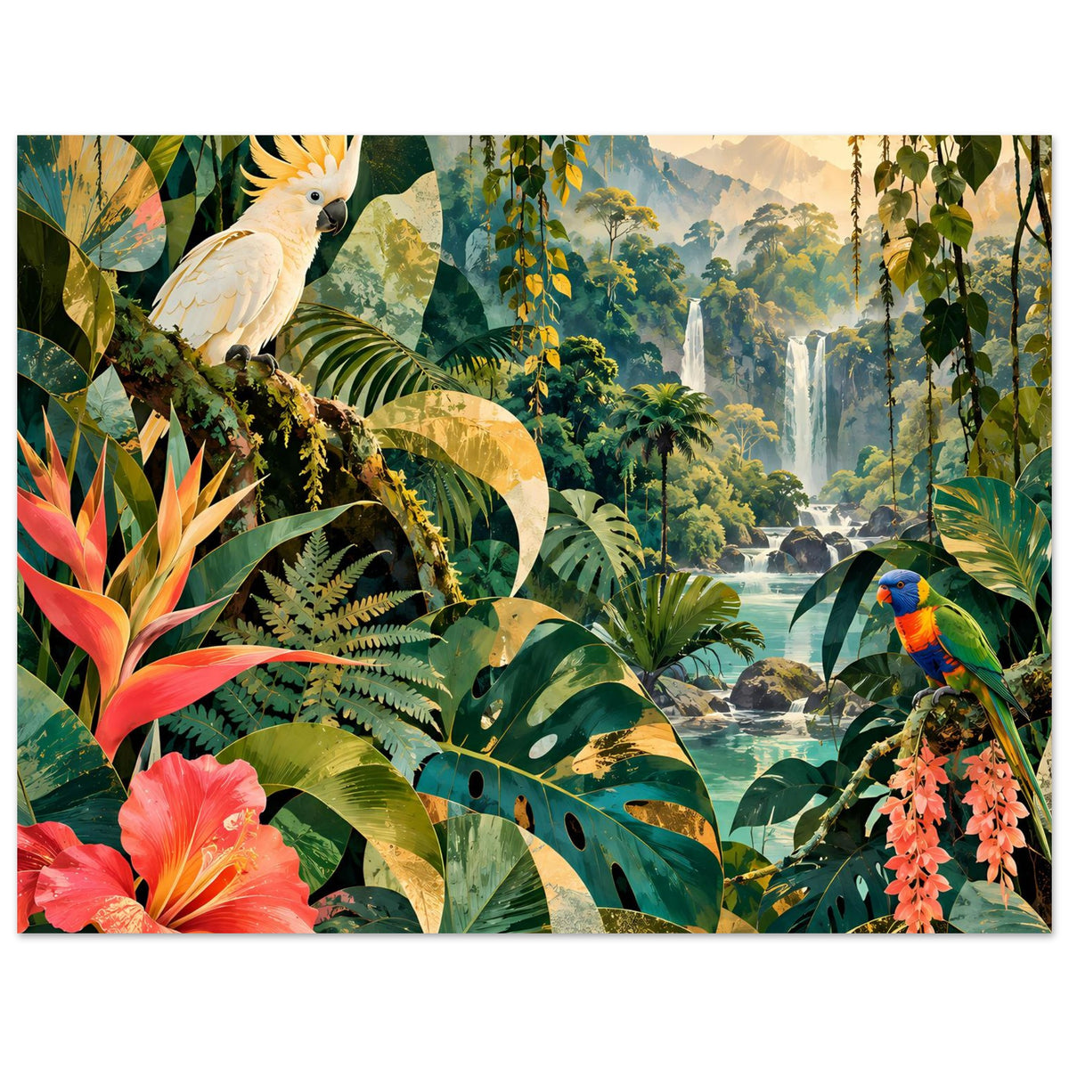 Tropisches Poster mit Papagei links, Wasserfall und tropischen Pflanzen, rote Blüten unten