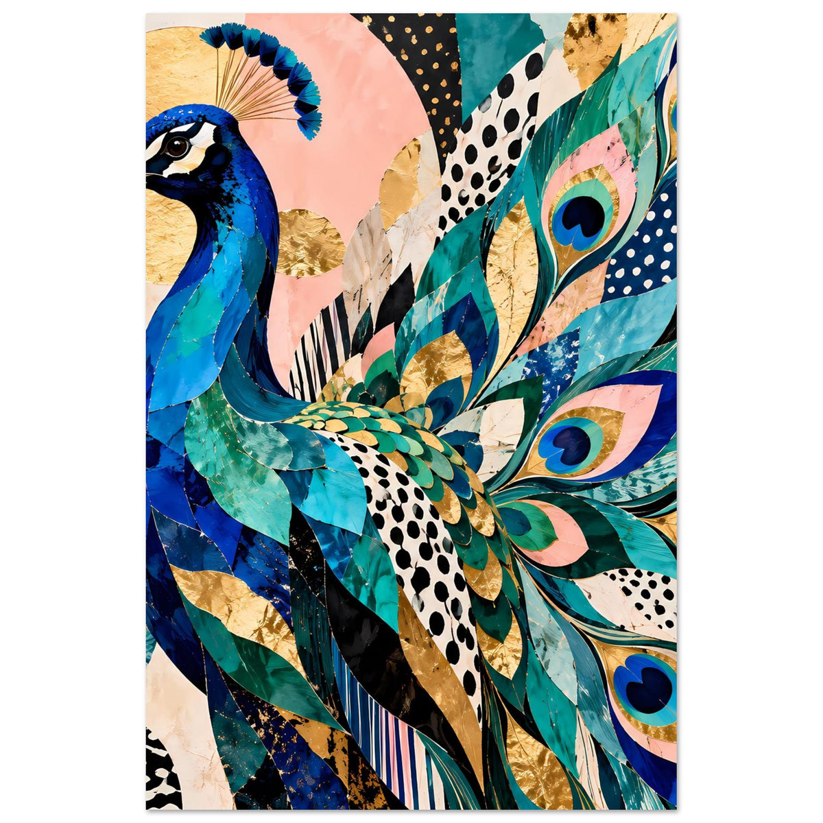 Kunstposter im Hochformat: Pfau mit blau-türkisen Federn und goldenen Akzenten.