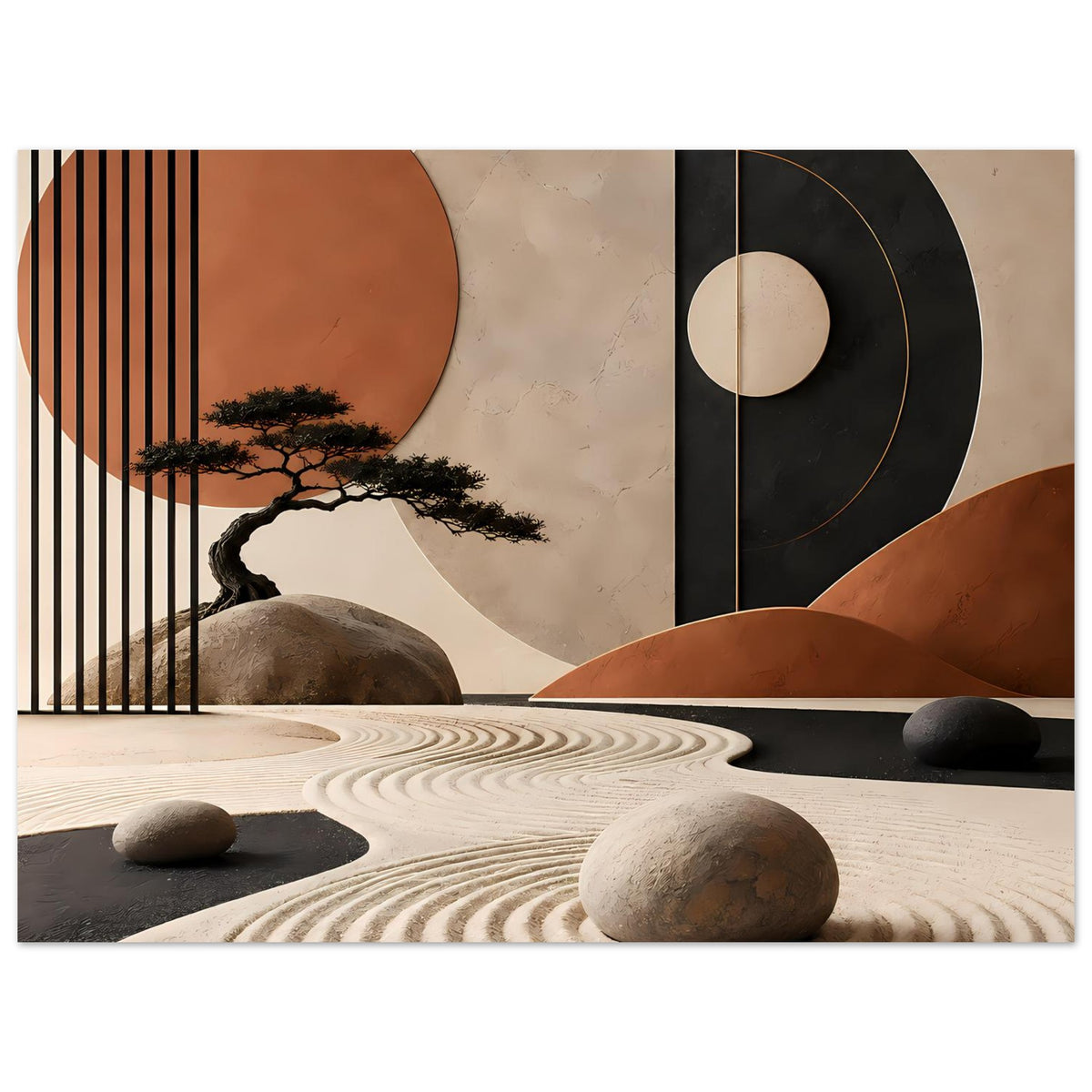 Rechteckiges Poster mit Baum-Silhouette, Steinen im Sand und geometrischen Kreisen in Erdtönen