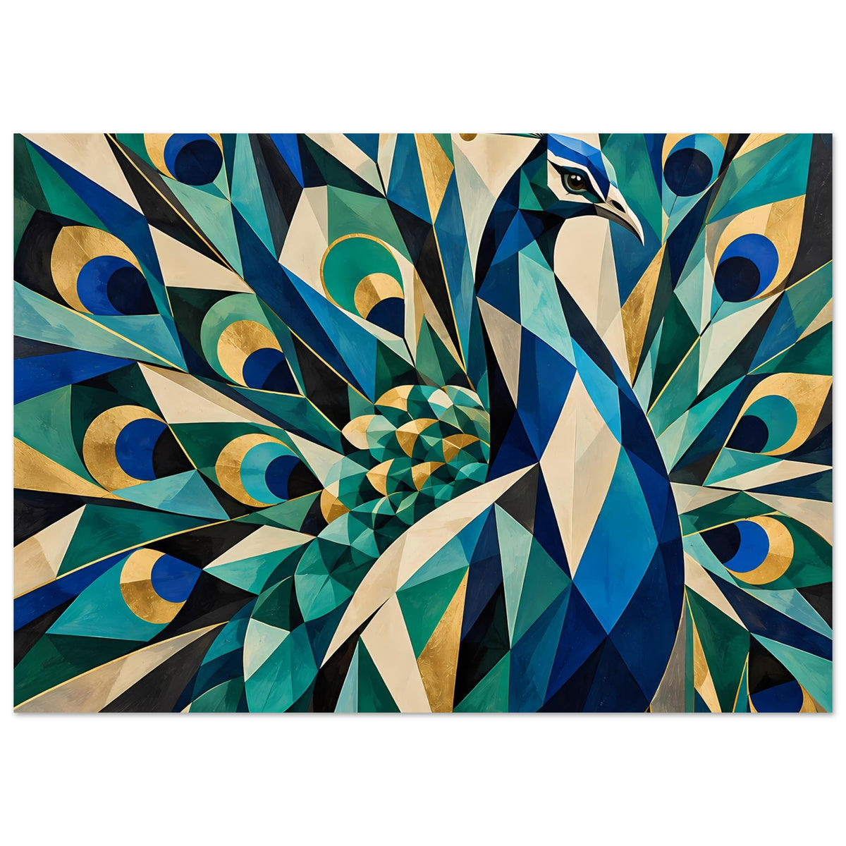 Poster mit geometrischem Pfau in Blau, Türkis und Gold