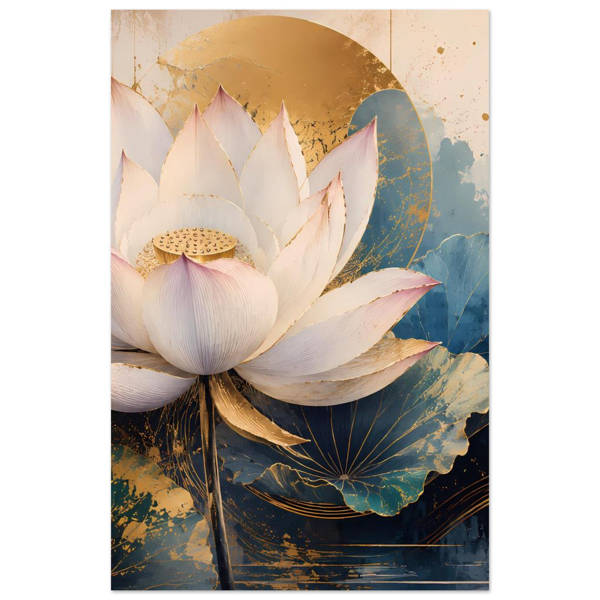 Poster mit weißer Lotusblüte, blauem Blattmotiv, goldener Kreisform und Spritzdekor