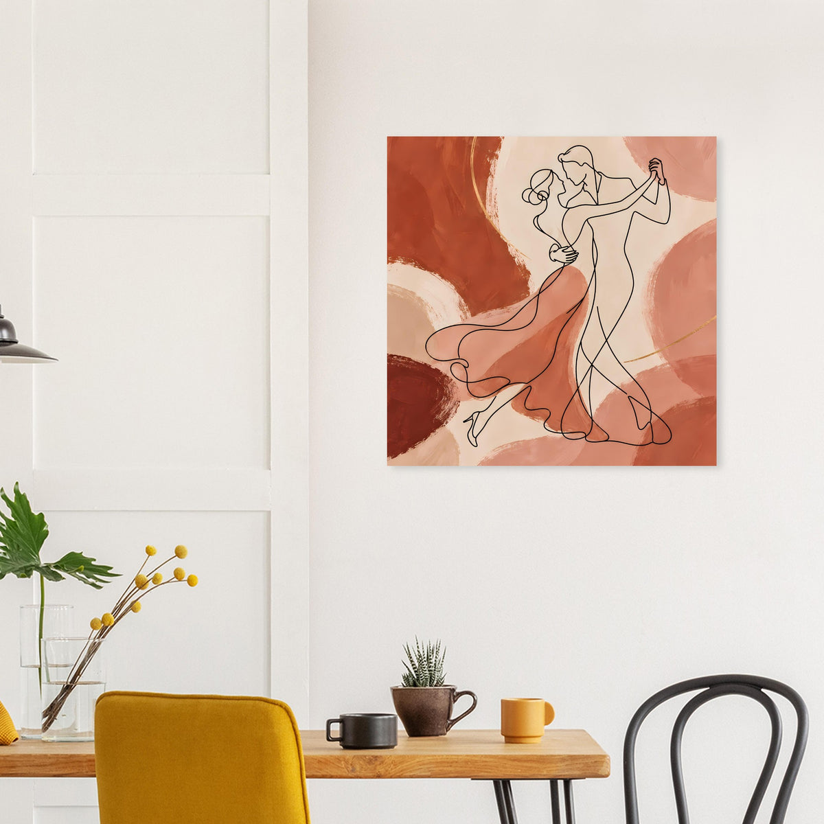 Quadratisches Kunstposter: tanzendes Paar in warmen Erdtönen, lineare Darstellung