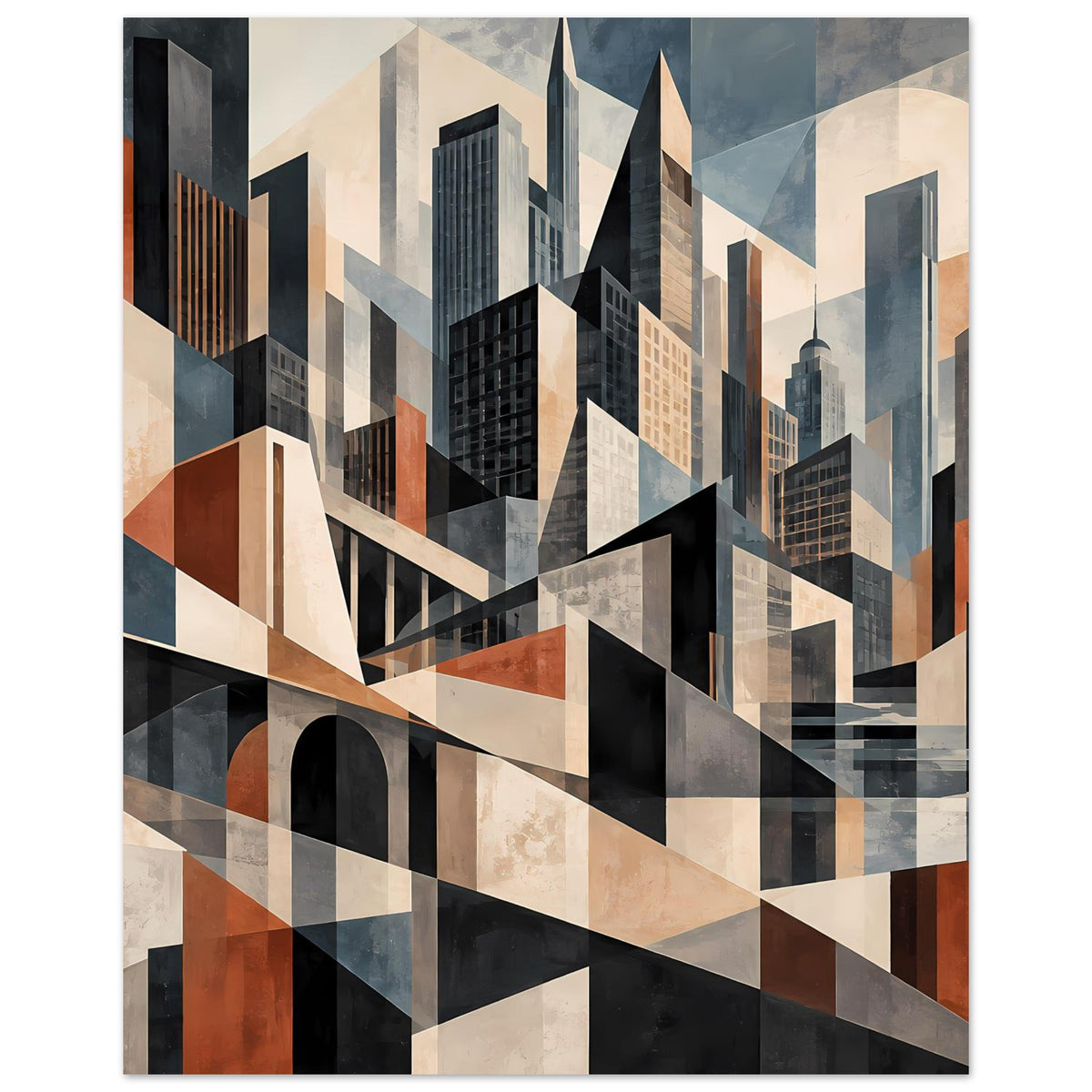 Architekturposter mit Stadtsilhouette und Brückenpassage in Schwarz, Beige, Blau und Rost