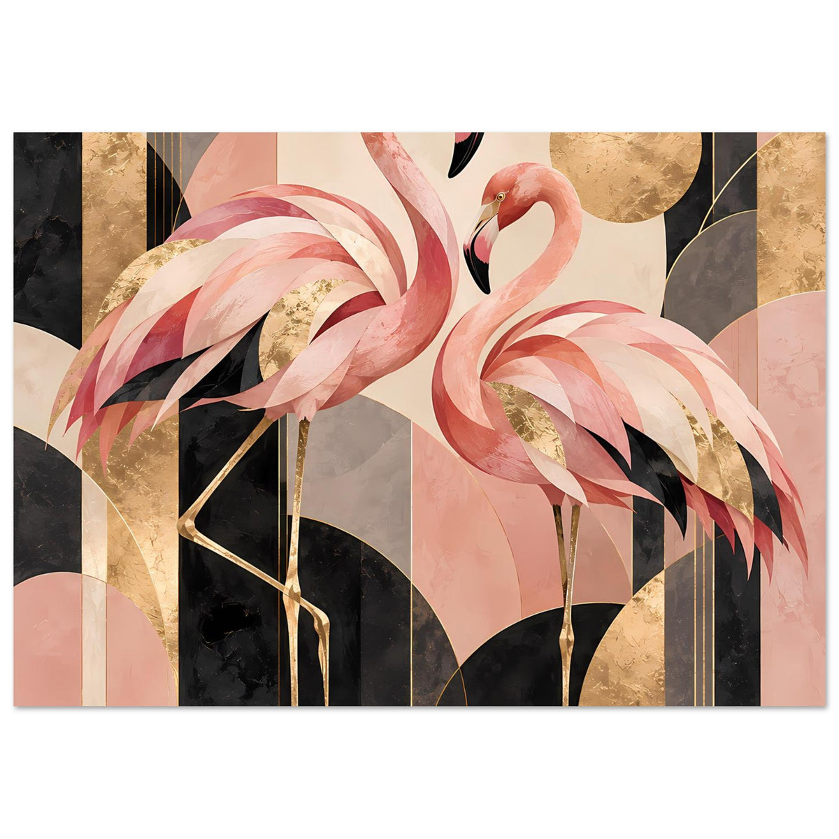 Zwei rosa Flamingos vor geometrischem Hintergrund mit Goldakzenten in Schwarz und Creme – Posteransicht 18