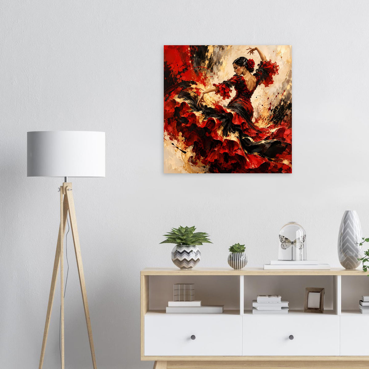 Poster mit Flamenco-Tänzerin in kräftigem Rot und Schwarz, quadratisch