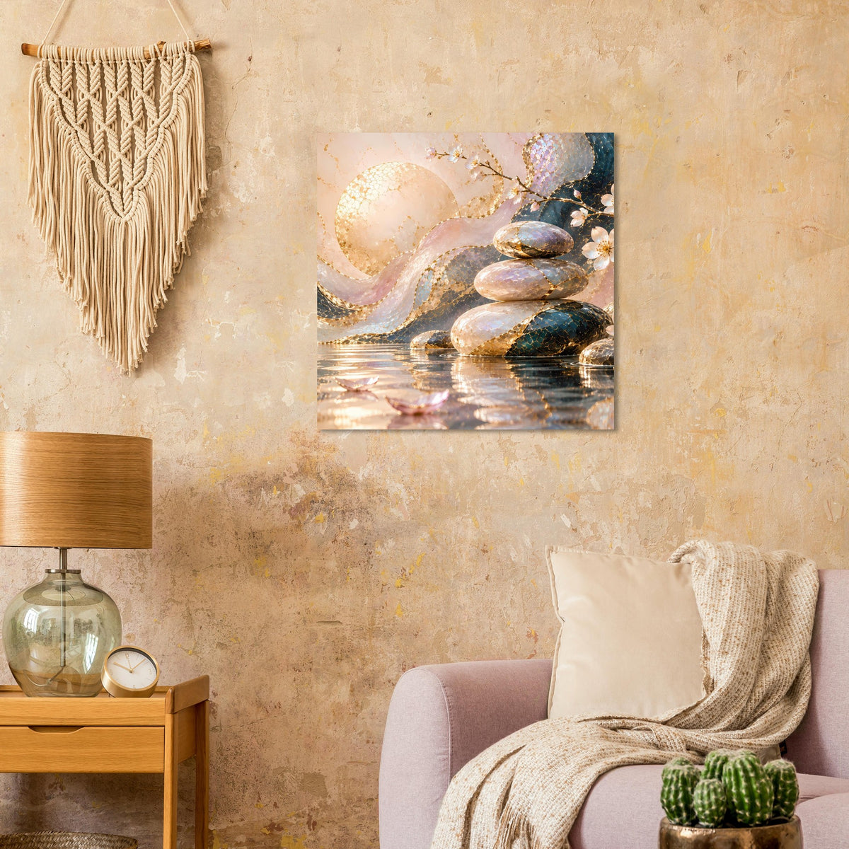 Kunstposter mit Goldakzenten: warm schimmerndes Wasser, Steine und Lichtreflexe